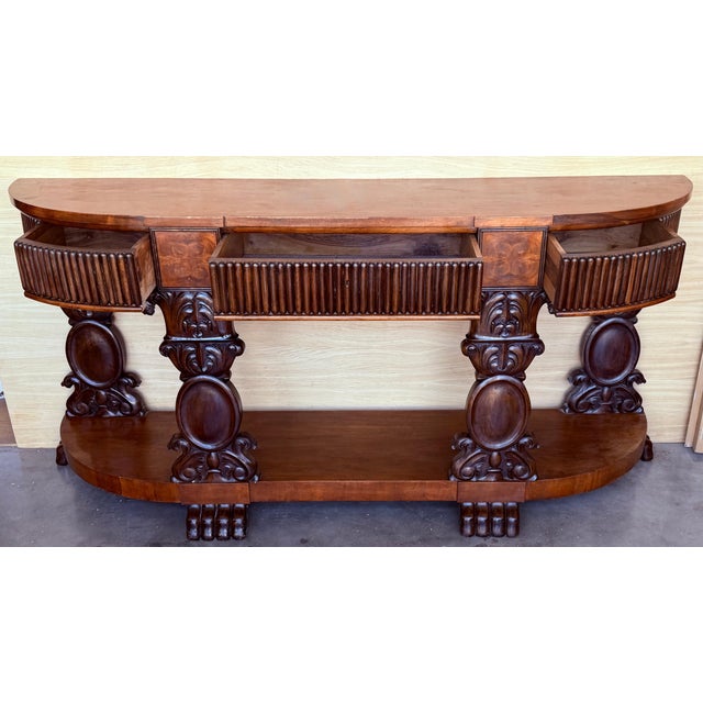 Traditional Late 19th Century English Carved Console with Book-matched Veneer and Three Drawers For Sale - Image 3 of 18