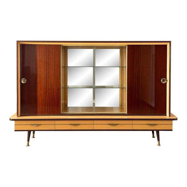 Mid-Century-German-Schrank With Glass Display Cabinet, Sliding Doors For Sale