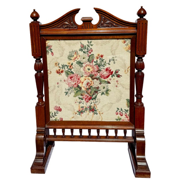 Vintage English Carved Wood Fire Screen With Floral Tapestry Panel For Sale - Image 9 of 9