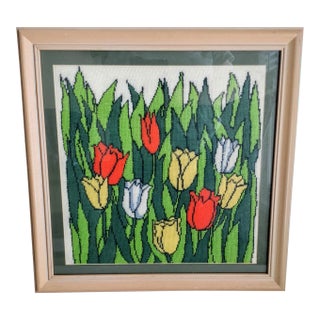 Vintage Floral Needlepoint Tulips in Garden For Sale