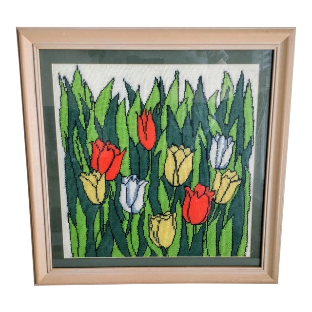 Vintage Floral Needlepoint Tulips in Garden For Sale