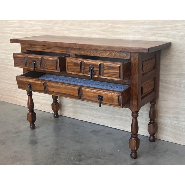 19th Century Catalan Spanish Carved Walnut Console Sofa Table, Four Drawers For Sale - Image 12 of 18