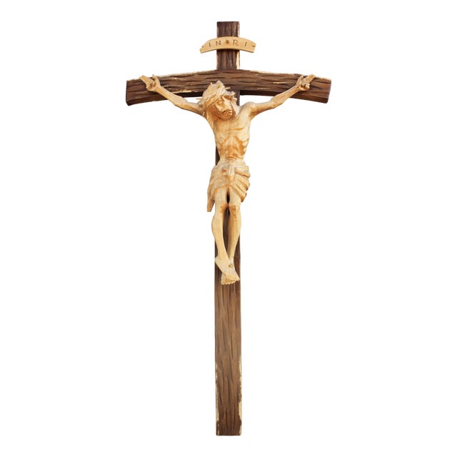 Large Hand Carved Wooden Crucifix, 1960s For Sale