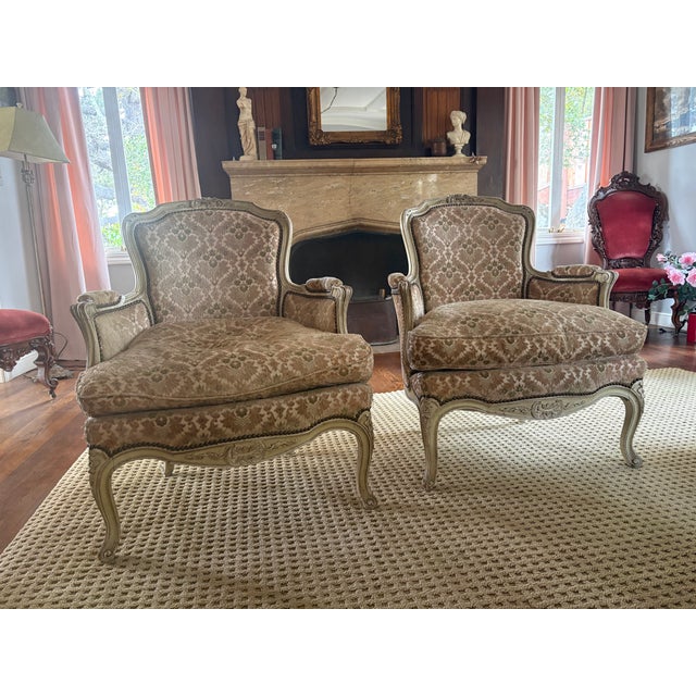 Louis XVI Style Distressed Cream Painted Bergere Chairs - A Pair For Sale - Image 9 of 12