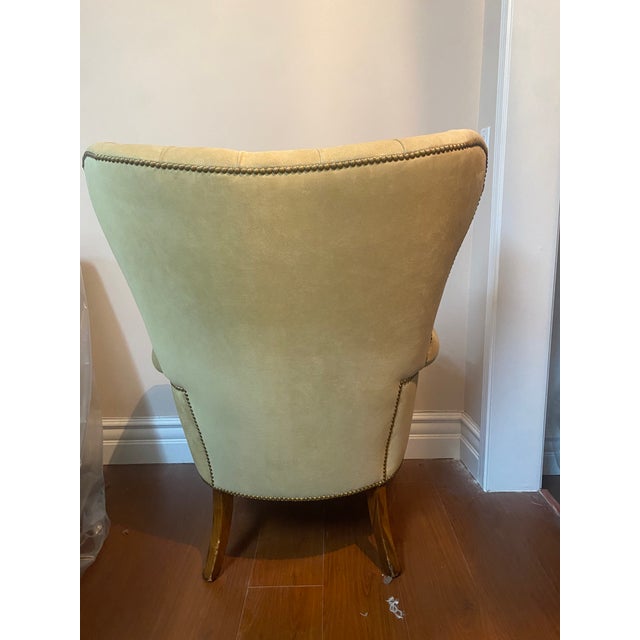 Wood Tufted Wingback Chair in Italian Suede With French Nailheads For Sale - Image 7 of 11
