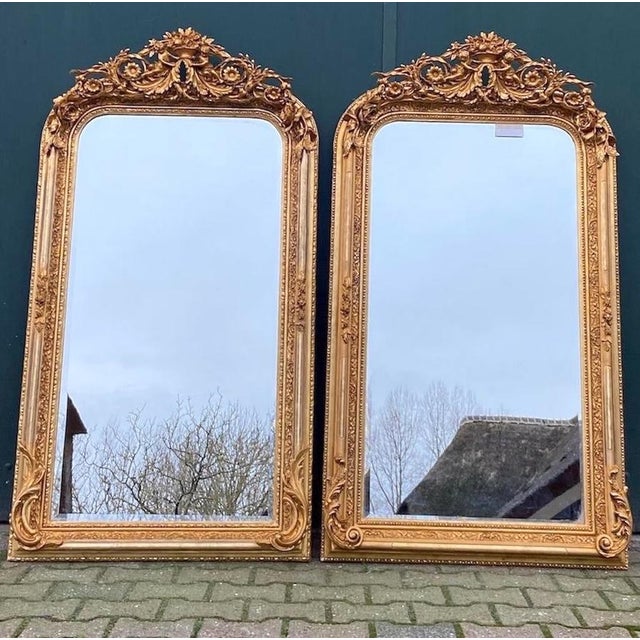 Late 20th Century Late20C French Artisan Louis XVI Gold Wood Floor Mirror-Pair For Sale - Image 5 of 16