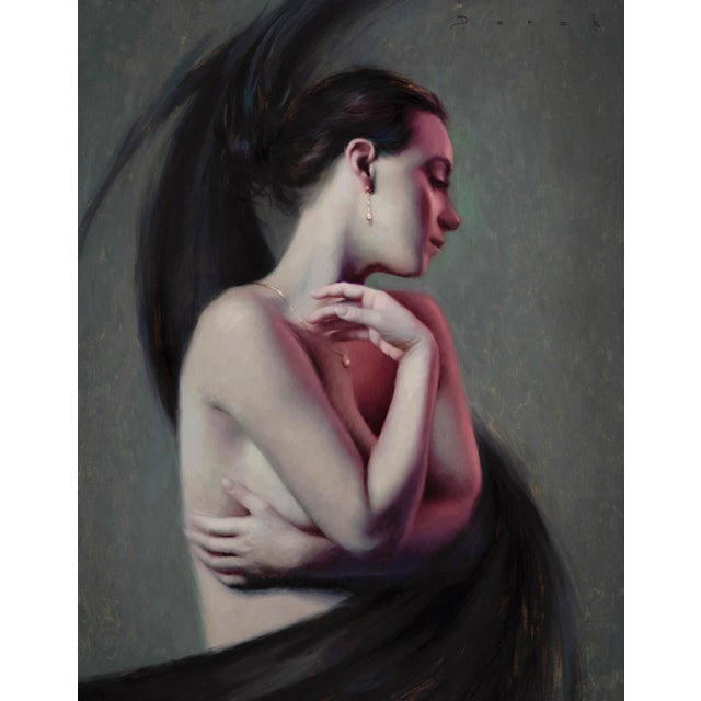 Rosé by Derek Harrison | Oil on Linen Portrait of a woman with flowing hair and soft features For Sale