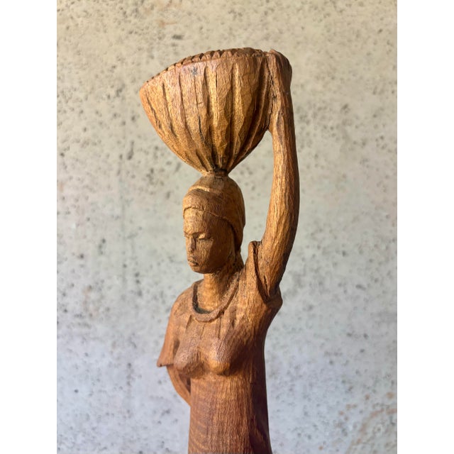 Folk Art Vintage Roger François Haitian Carved Wood Market Woman Sculpture, Signed, 1970s For Sale - Image 3 of 8
