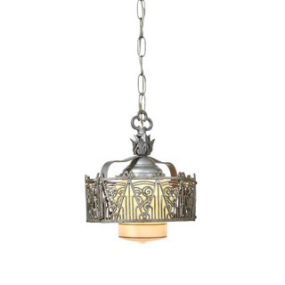Art Deco Caged Milk Glass Pendant Light For Sale