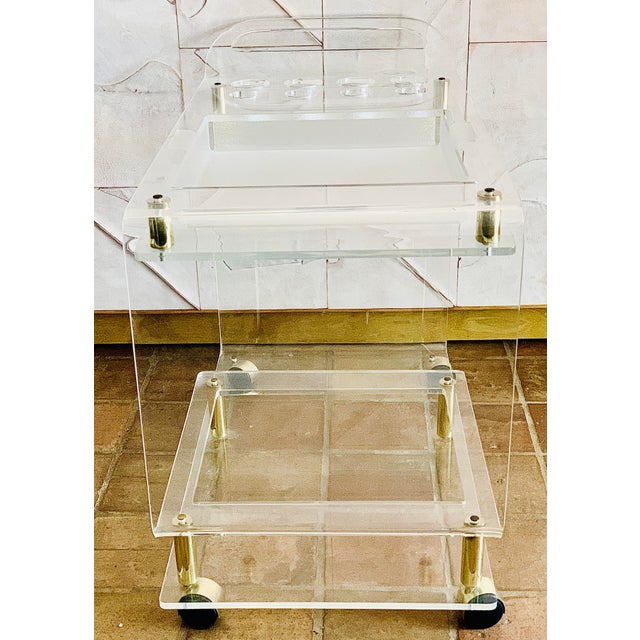 Rare 1970’s Vintage Lucite and Brass Rolling Bar Cart Styled After Charles Hollis Jones For Sale In San Antonio - Image 6 of 12