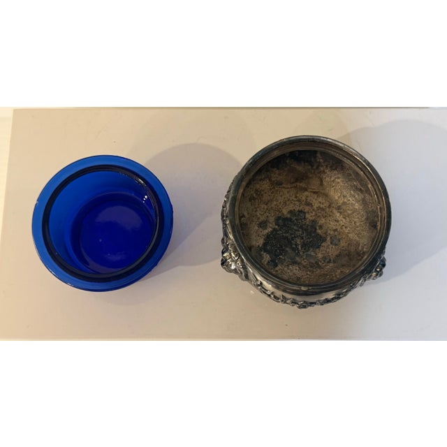 Silver Vintage Silverplate & Cobalt Glass Footed Salt Cellar / Decorative Vanity Bowl For Sale - Image 8 of 12