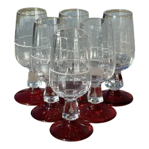 1940s Art Deco Cordial Glasses With Ruby Glass Foot- Set of 6