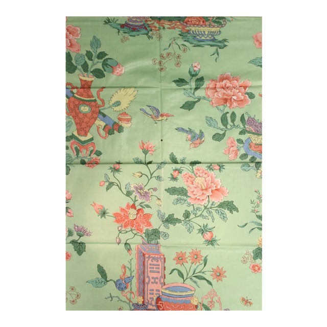 Chinoiserie Celadon Green Glazed Chintz Fabric With Flowers in Vases For Sale