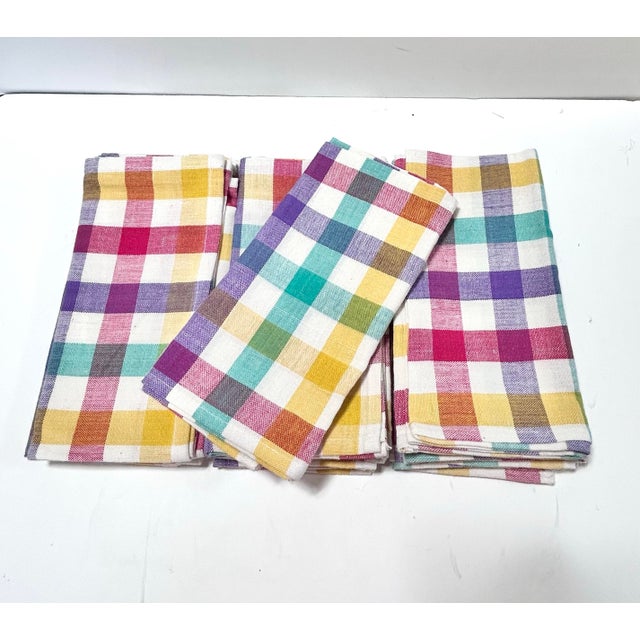 Vintage Plaid Linen Napkins – Multicolor Check Mid-Century Table Linens Cottage Kitchen - Set of 10 For Sale - Image 4 of 5