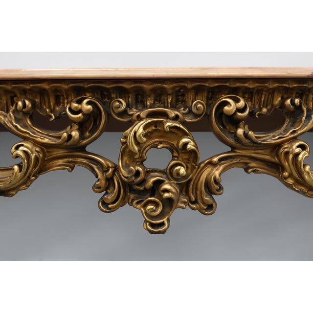 Louis XV Rococo Style Carved Gilt Console Table with Rose Marble Top, Italy, 1950s For Sale - Image 4 of 16