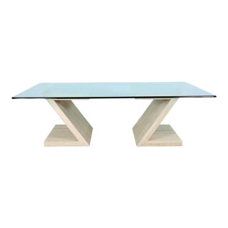 Mid-Century Modern Travertine & Glass Dining Table | Sculptural Z-Base, 1970s For Sale