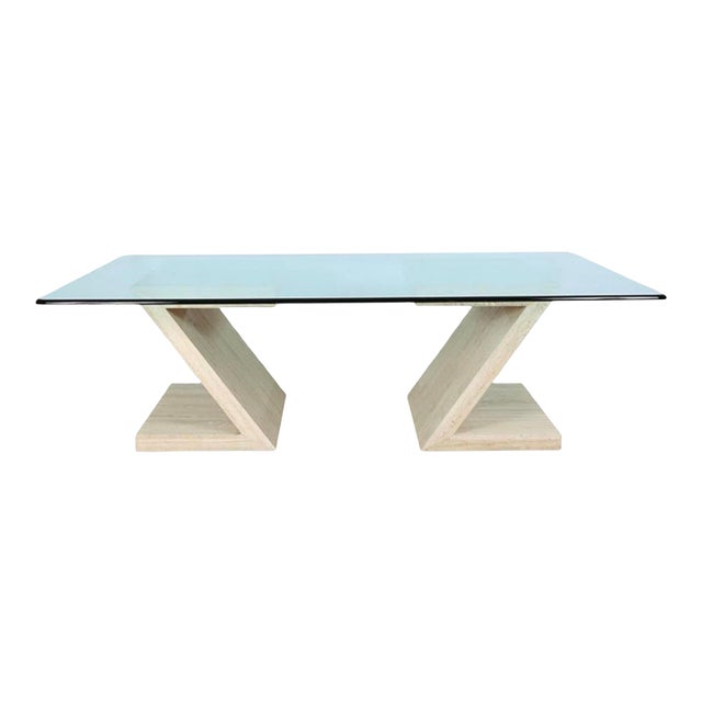 Mid-Century Modern Travertine & Glass Dining Table | Sculptural Z-Base, 1970s For Sale
