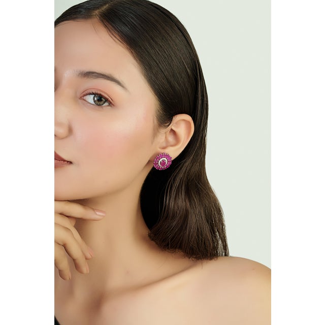 Luxury 10.21ct Ruby Bloom Diamond Halo Statement Stud Earrings in 14k Gold- A Pair For Sale - Image 13 of 16