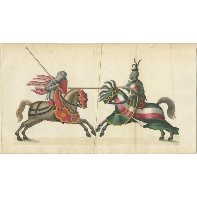 19th-Century Hand-Coloured Lithograph of a Knightly Joust in Bold Red and Green This rare and original hand-coloured...