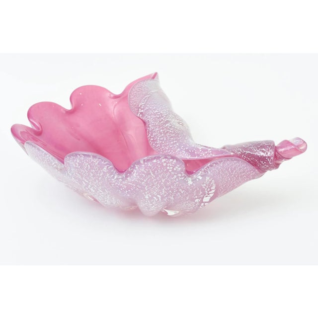 Modern Vintage Murano Pink and Silver Foil Clam Shell Coiled Large Glass Bowl, Signed For Sale - Image 3 of 11
