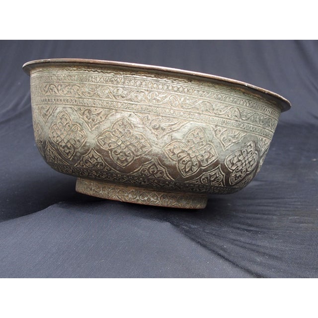 Large Antique Islamic Engraved Tinned Copper Bowl, 1890s For Sale - Image 3 of 18