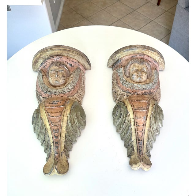 Pair Spanish Colonial Wood Polychrome Cherub Corbel Wall Brackets For Sale - Image 4 of 17