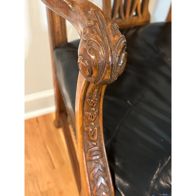 Mid 20th Century Chinese Chippendale Armchair by Century Furniture Co With Original Leather Upholstery For Sale In New Orleans - Image 6 of 12