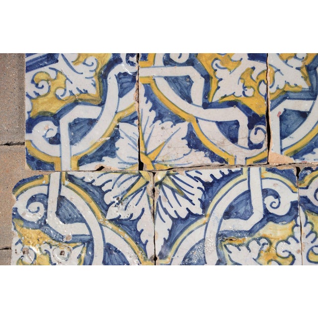 17th Century Portuguese Antique Tiles Set of 6 Blue, Yellow & White Geometric Floral For Sale - Image 9 of 10