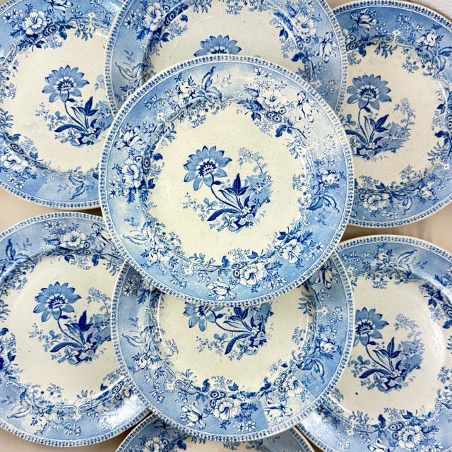 A set of eight English blue and white transfer printed earthenware floral plates, Elkin & Newbon, Longton, Staffordshire,...
