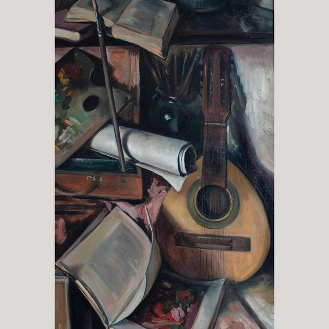 1950s Alberto Muñoz Boquera, Still Life with Guitar and Books, 1950s, Oil on Canvas For Sale - Image 5 of 13