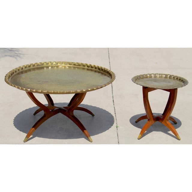 Moroccan Vintage Moroccan Hand-Engraved Brass Tray Coffee & Side Table Set, 1960s For Sale - Image 3 of 18