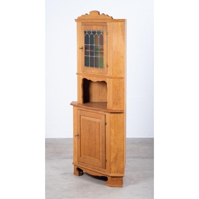 Brown Danish Brutalist Oak Corner Cabinet with Leaded Glass, 1960s For Sale - Image 8 of 9
