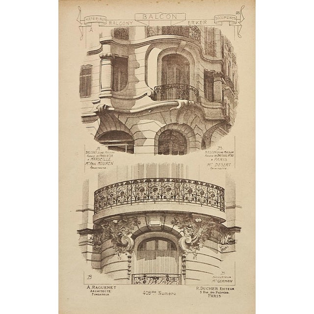 1887- Set of 4-French Antique Architectural Ornamental Engravings-Balcony Designs For Sale - Image 4 of 5