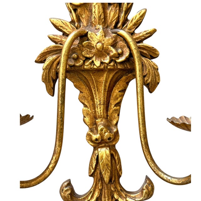 1960s Vintage Italian Louis XVI Style Gilt Two-Arm Wall Candle Sconces 22" Tall - A Pair For Sale - Image 5 of 9