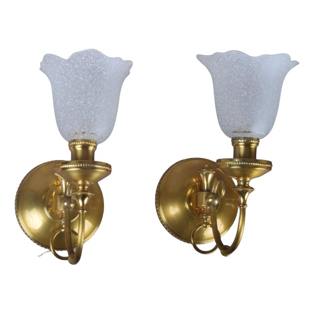 Brass Wall Sconces with Frosted Textured Tulip Glass Shades, 1950s, Set of 2 For Sale