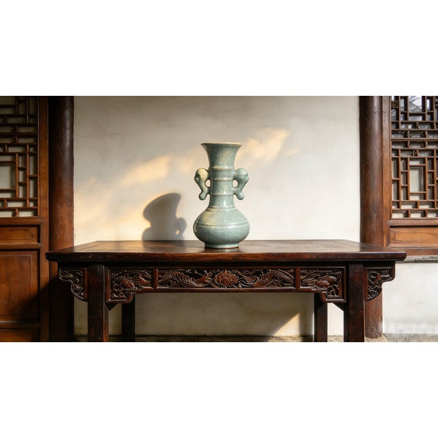 Chinese Ceramic Vase,Guan Ware Crackle Glaze Celadon Glaze Porcelain Double Ears Vase For Sale - Image 4 of 10