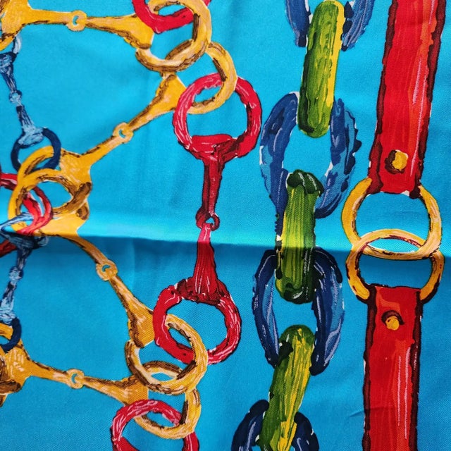 Blue 1990s Gucci Italian Blue Silk Scarf Equestrian Horse Bit For Sale - Image 8 of 8