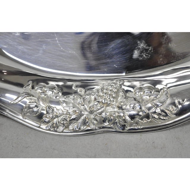 Victorian Early 20th Century Superior Silver Grapevine Repousse Silver Plated Bread Plate Tray Trinket Dish For Sale - Image 3 of 11