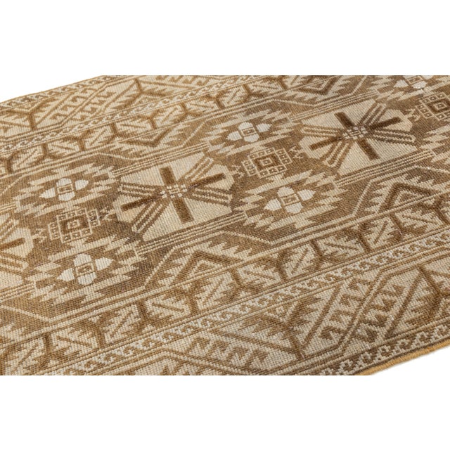 Vintage Hand-Knotted Neutral Anatolian Tribal Runner Rug | Earthy Beige & Walnut Geometric For Sale In New York - Image 6 of 9