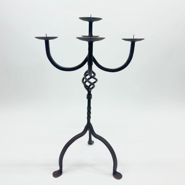 Black Hand Forged Iron Candelabra 23.5″ (60cm) Antique Copper Finish 5-Arm Grand Banquet Centerpiece & Wedding Decor For Sale - Image 8 of 9