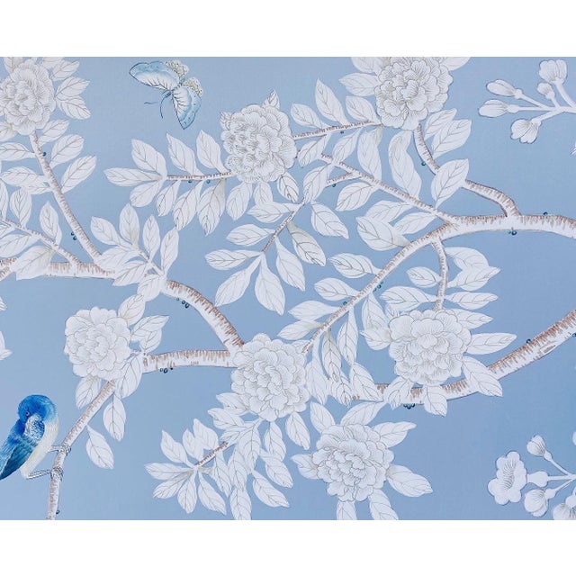 Textile Unframed Hand-Painted Silk Blue Chinoiserie Wallpaper Panels - Set of 3 For Sale - Image 7 of 9
