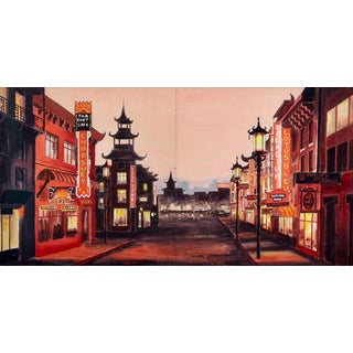 French School Artist, Chinatown in San Francisco at Twilight, 1950s, Ink & Gouache, Framed For Sale