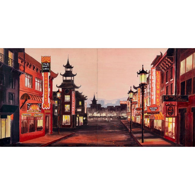 French School Artist, Chinatown in San Francisco at Twilight, 1950s, Ink & Gouache, Framed For Sale