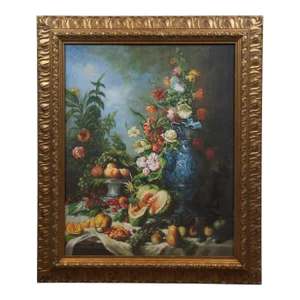 Nature Morte Aux Fruits & Flowers Still Life Oil Painting After Eugene Vidal 38"