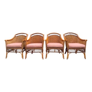 Vintage Palecek Wicker Dining Armchairs With Cushions – Set of 4 For Sale