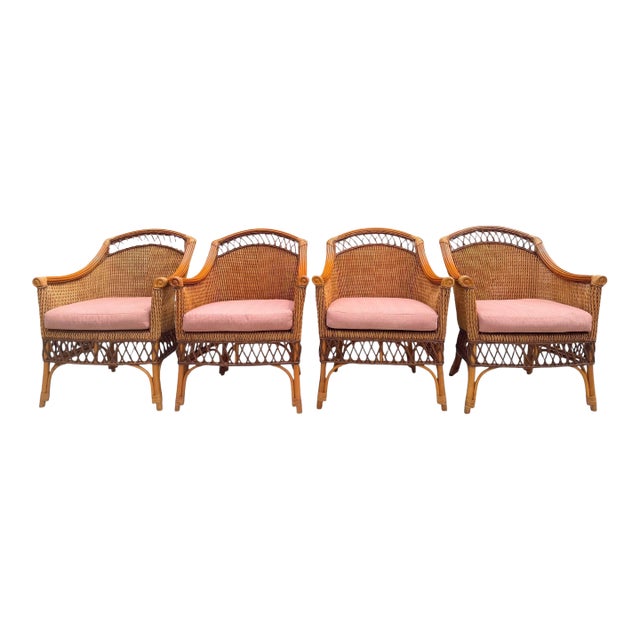 Vintage Palecek Wicker Dining Armchairs With Cushions – Set of 4 For Sale