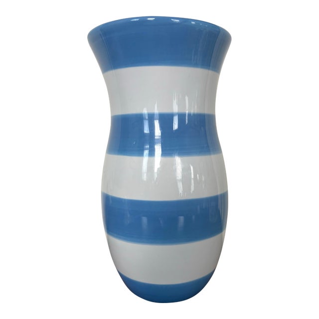 Signed Vintage Barbara Eigen Blue and White Striped Studio Pottery Vase For Sale
