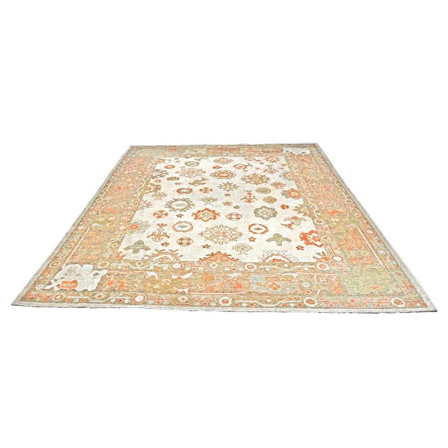 Condition: New Origin: Turkey Design: Oushak Actual size: 9'4" x 11'2" Thickness: 1/4" Colors: Ivory, Tan, Yellow, Rust,...