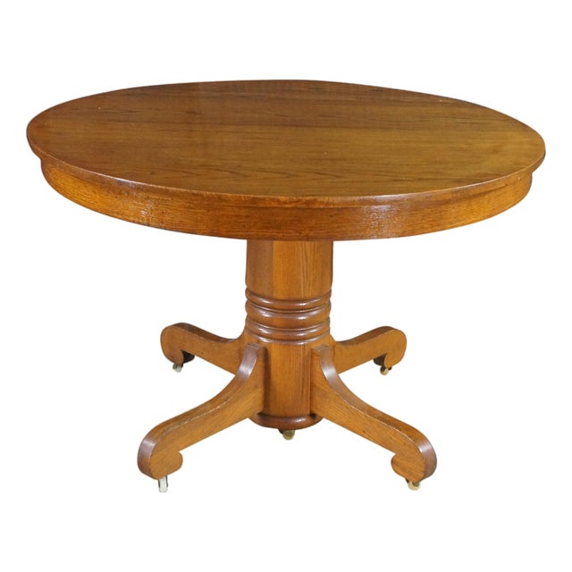 Antique American Classical Victorian Scrolled Oak Round Extendable Dining Table For Sale