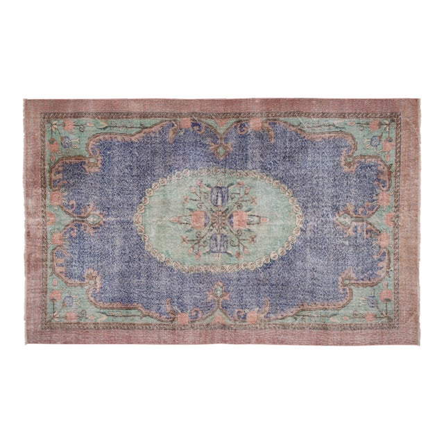 Distressed Blue Turkish Oushak Rug 6'4" X 9' 12" For Sale